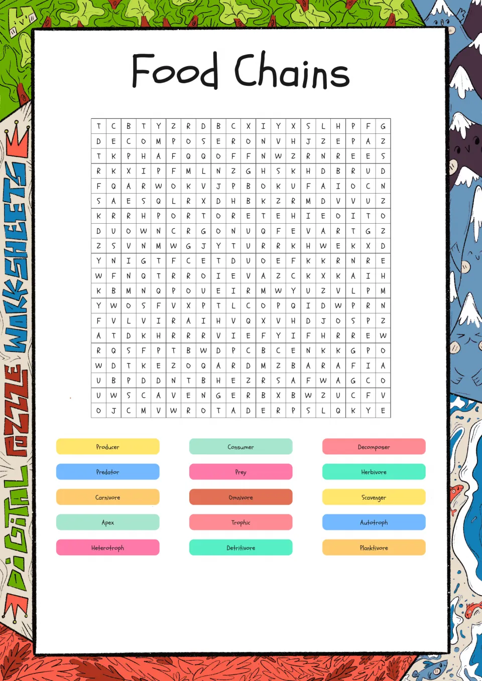 Food chains word search: students find 15 terms such as producer, decomposer, herbivore, apex and detritivore