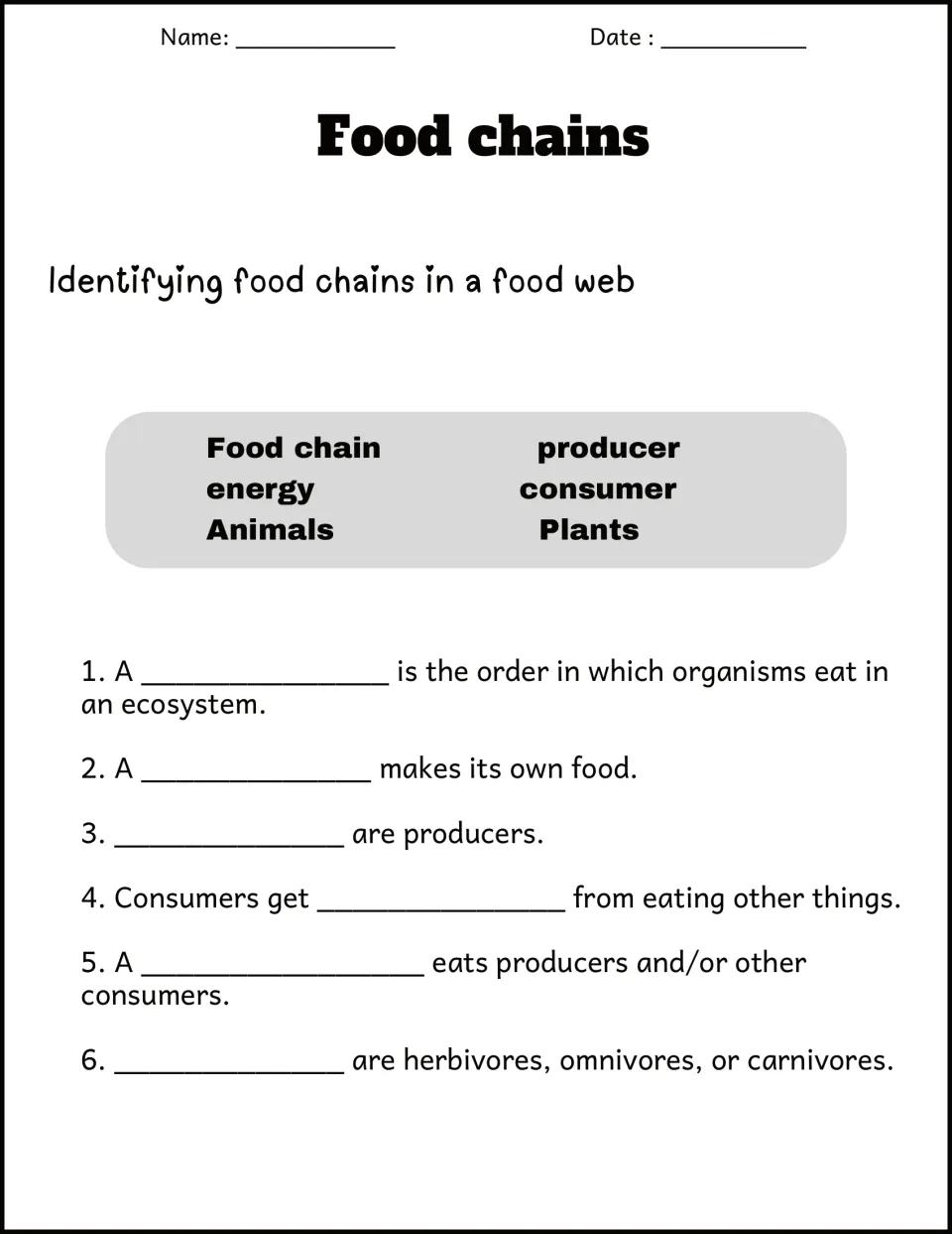 Food chain vocabulary: students fill six blanks using a word bank of producer, consumer, energy, plants and animals
