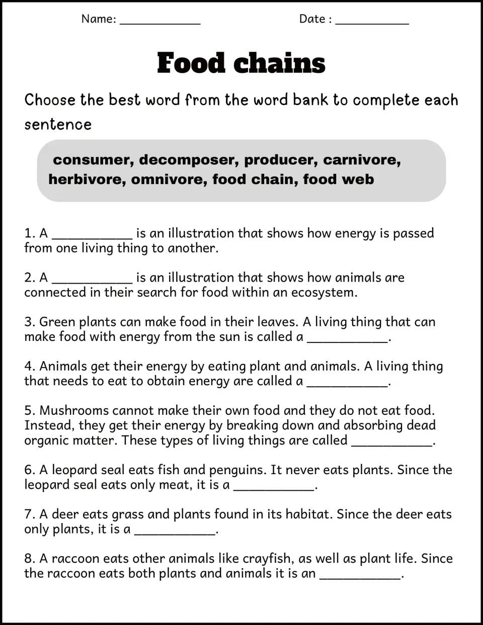 Feeding roles cloze: students complete 8 sentences with consumer, decomposer, herbivore, omnivore, food web and more