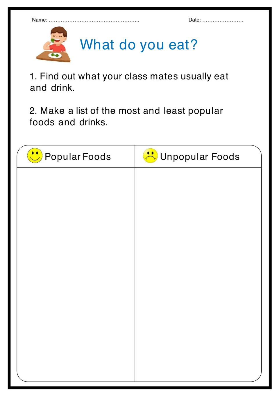 What do you eat? survey: students ask classmates what they eat and drink, then list popular and unpopular foods