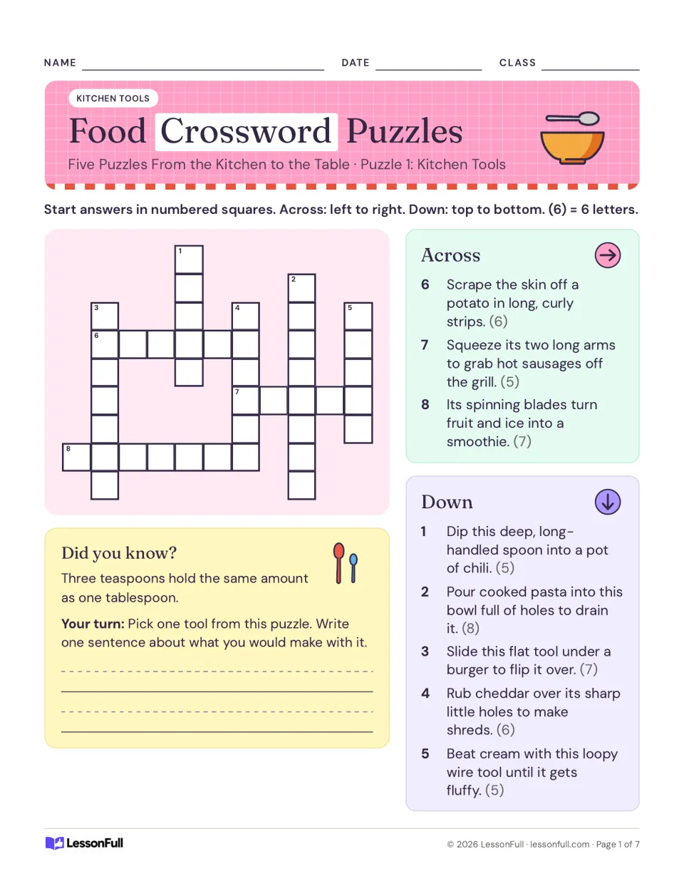 Kitchen tools crossword, puzzle 1 of 5: students solve clues for a peeler, tongs, blender, ladle and colander