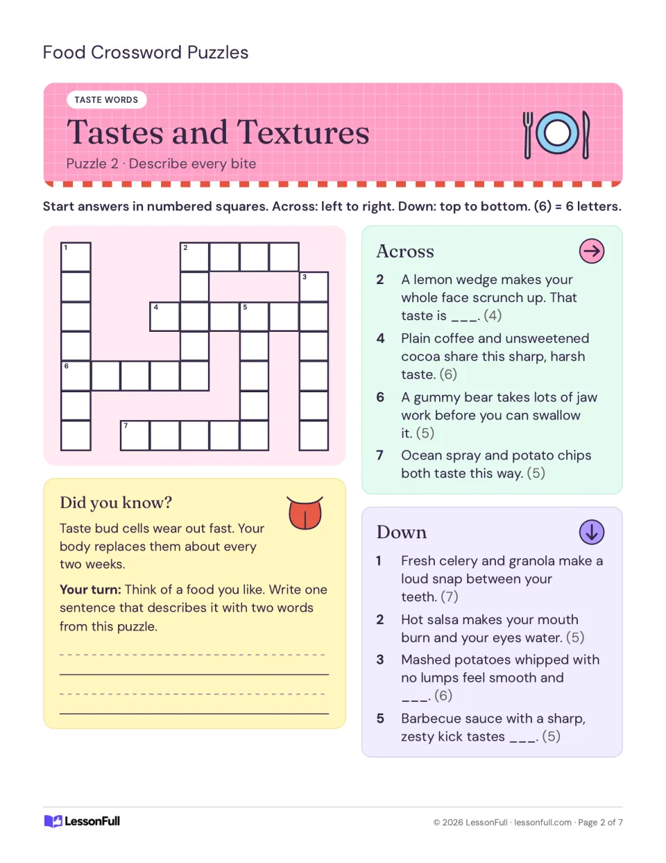 Tastes and Textures crossword: students fill in describing words such as sour, bitter, chewy, salty and crunchy