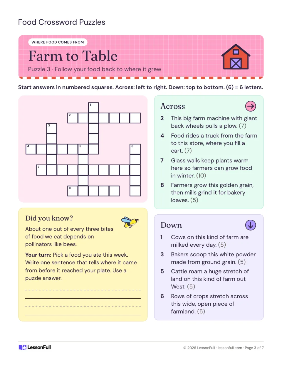 Farm to Table crossword: clues about a tractor, grocery store, greenhouse, wheat and dairy farm