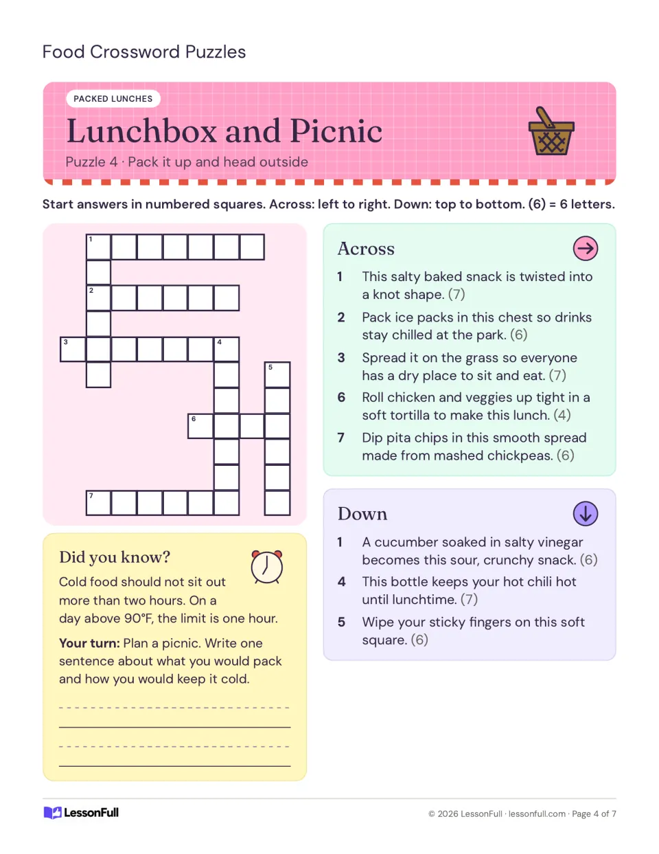 Lunchbox and Picnic crossword: students solve clues for a pretzel, cooler, blanket, wrap and hummus