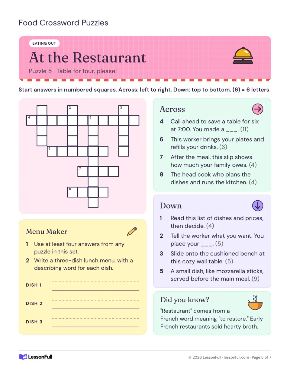 At the Restaurant crossword with clues on reservations, servers and menus, plus a three-dish menu writing task
