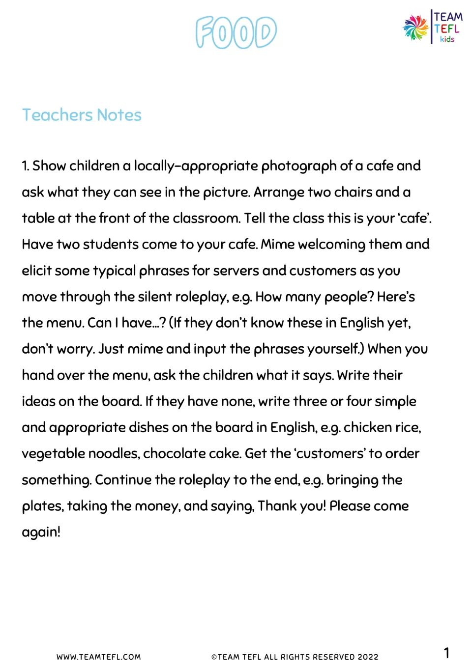 Teacher notes for introducing a classroom café through mime, menu ideas, and server-customer phrases.