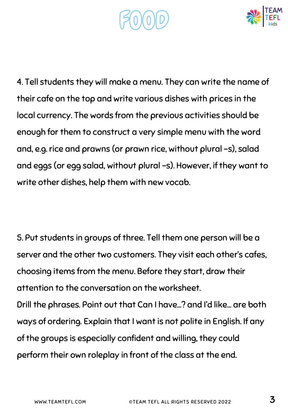 Teacher notes for making café menus with prices and practicing polite food orders in groups of three.
