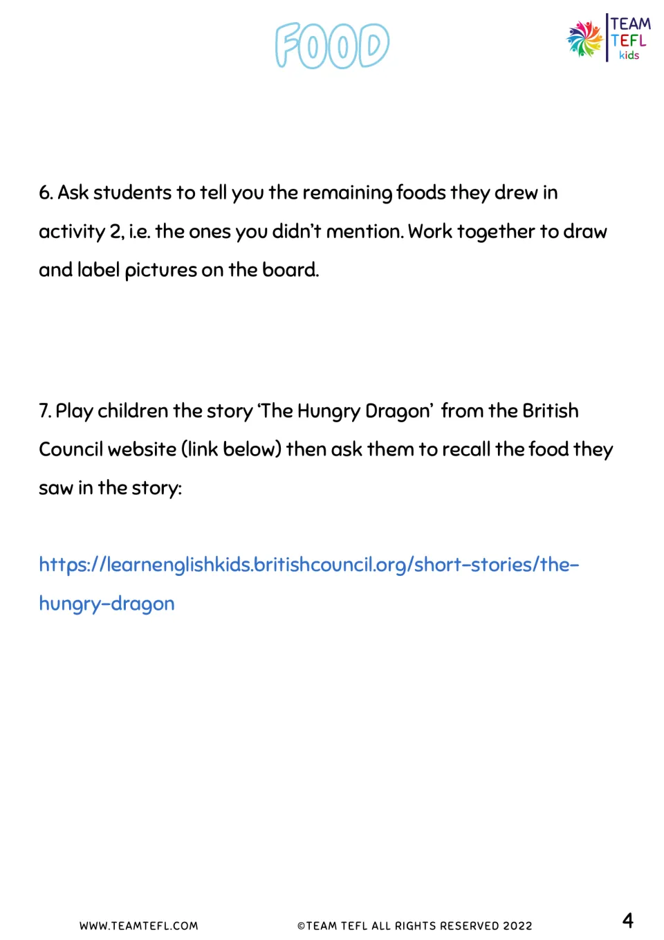 Teacher notes for reviewing students’ food drawings and recalling foods from the story The Hungry Dragon.