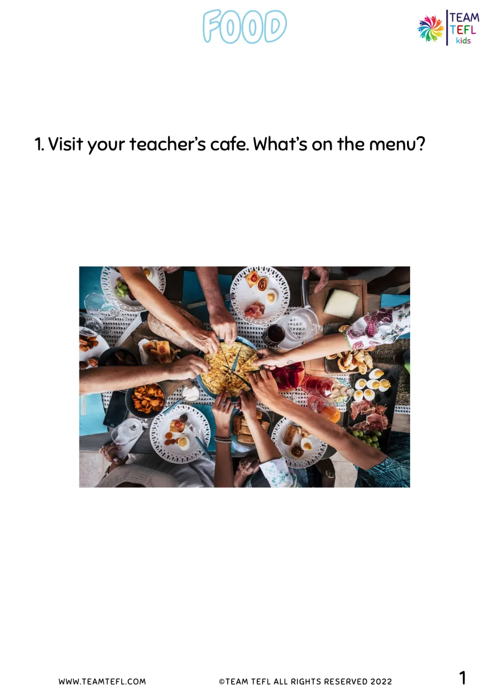 Opening student activity asks children to visit the teacher’s café and name what is on the menu.