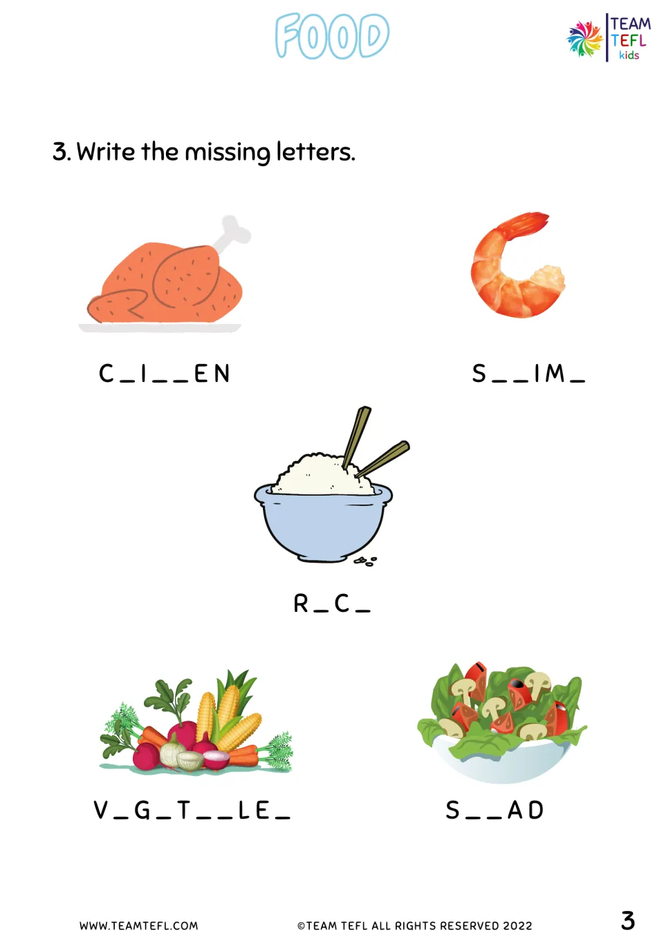 Food spelling activity uses pictures and missing letters for chicken, shrimp, rice, vegetables, and salad.