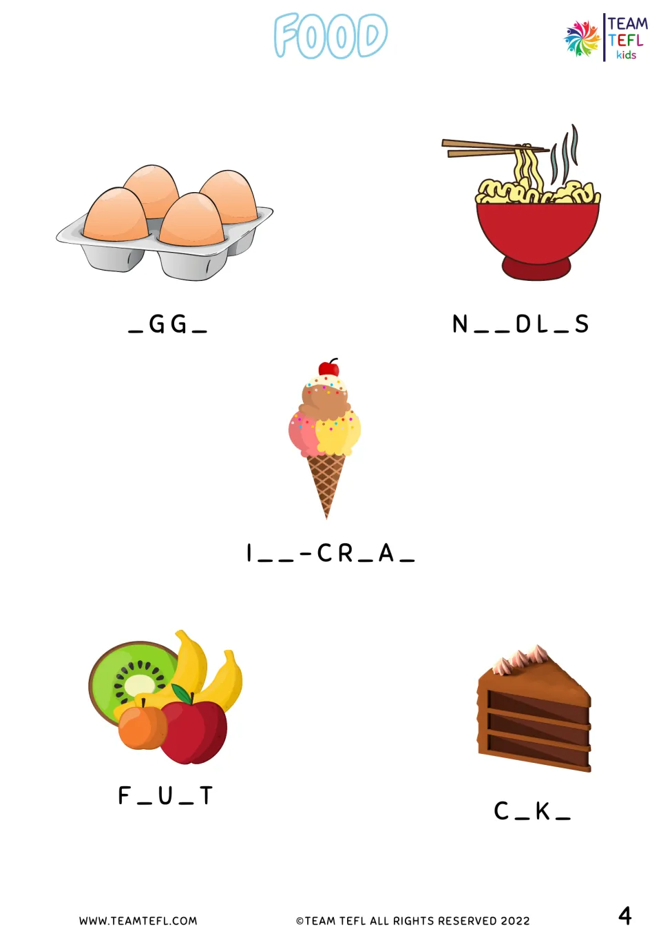 Food spelling activity continues with pictures and missing letters for eggs, noodles, ice cream, fruit, and cake.