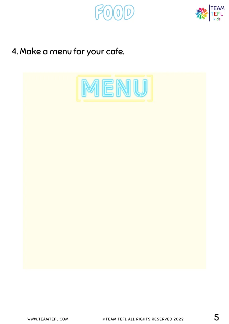 Café menu-writing activity provides a blank menu for students to add their own dishes and prices.