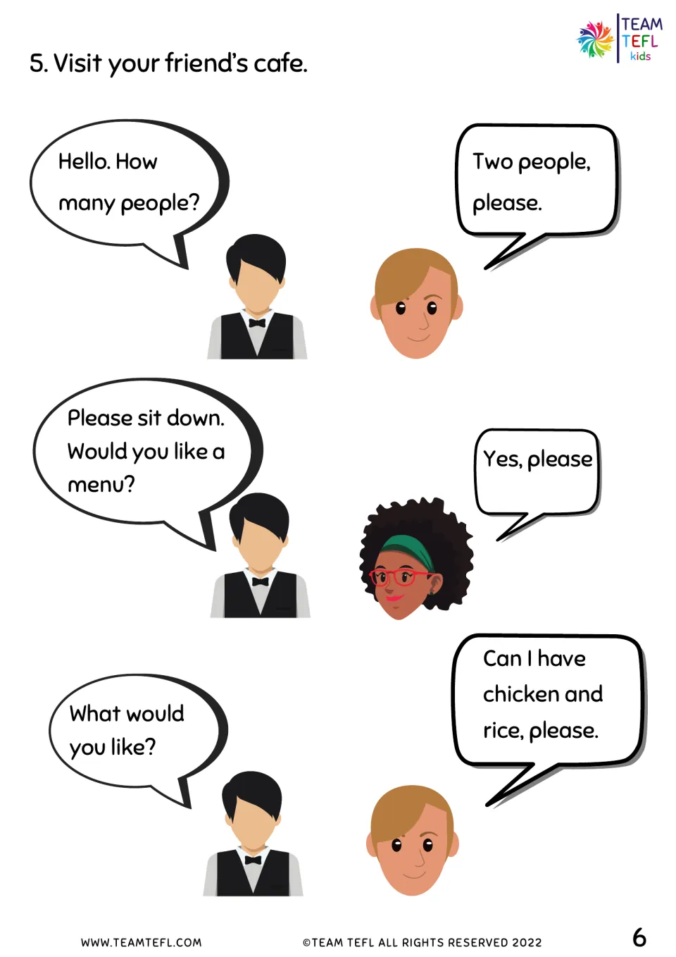 Café role-play dialogue models seating two customers, offering a menu, and ordering chicken and rice.