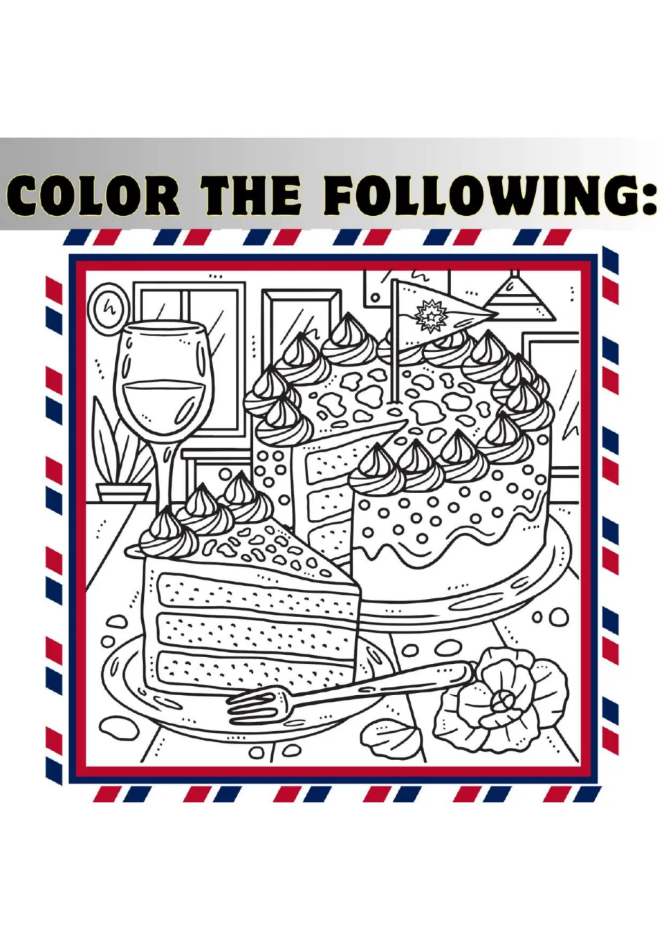 Color the following: a layered cake with a slice cut out on a plate, a fork, a flower and a drink glass in a room