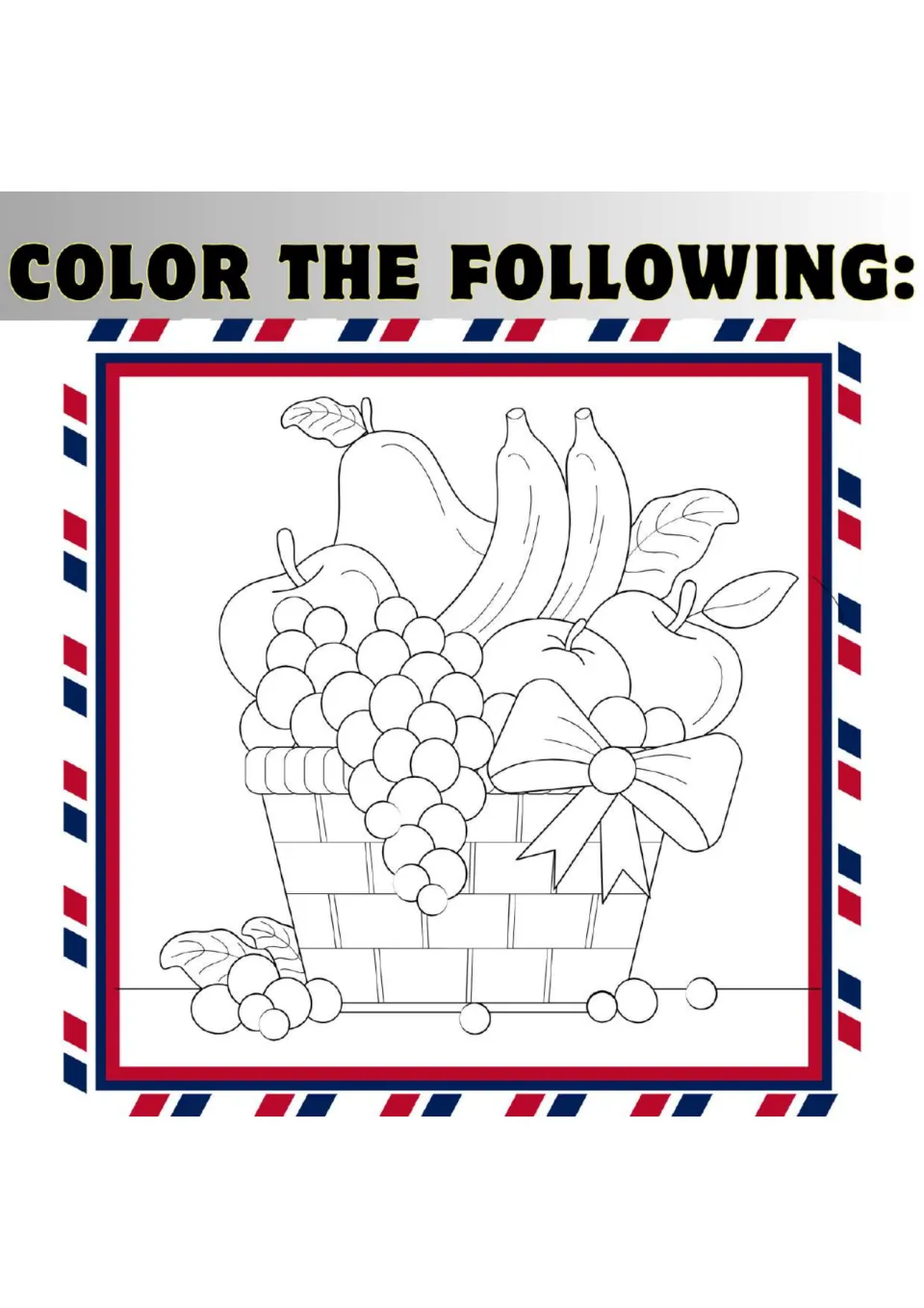 Color the following: a woven basket tied with a bow, filled with a pear, two bananas, apples and a large bunch of grapes