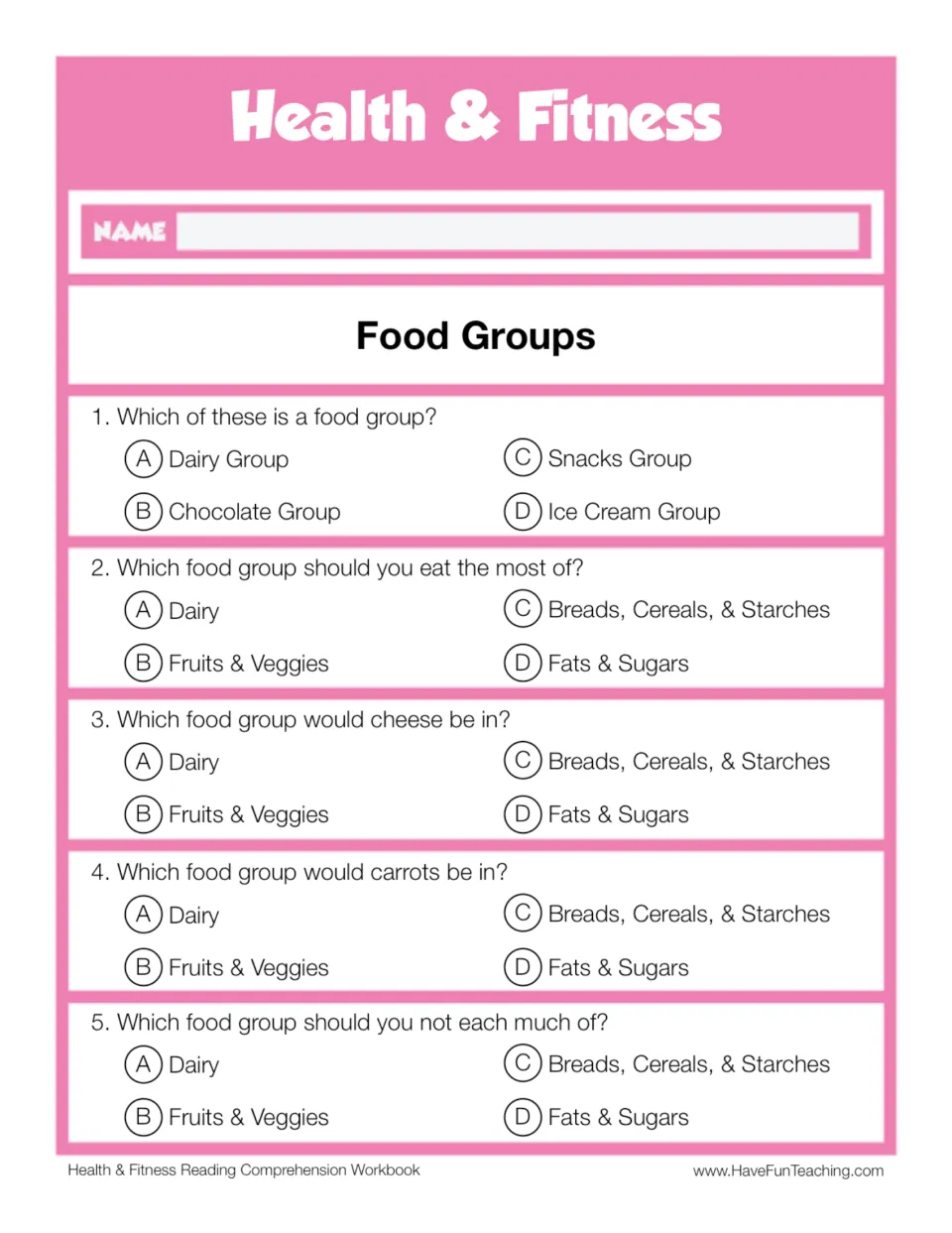 Food Groups comprehension check: students answer 5 multiple-choice questions, such as which group cheese belongs in