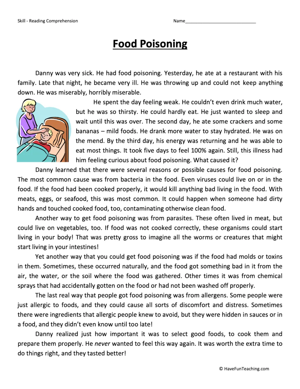 Reading passage about Danny's food poisoning, his five-day recovery, and causes of contaminated food.