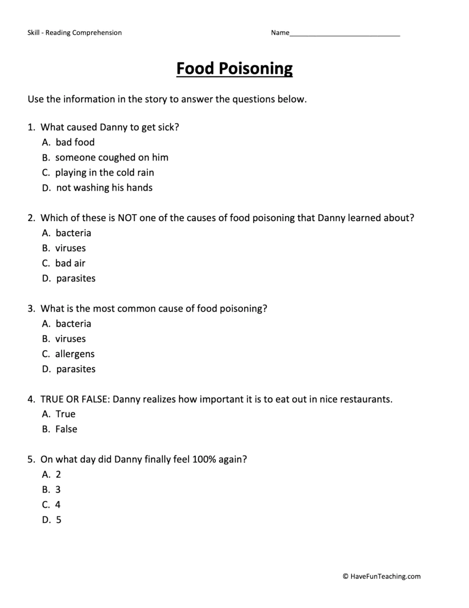 Comprehension questions 1–5 about Danny's illness, causes of food poisoning, and his recovery time.