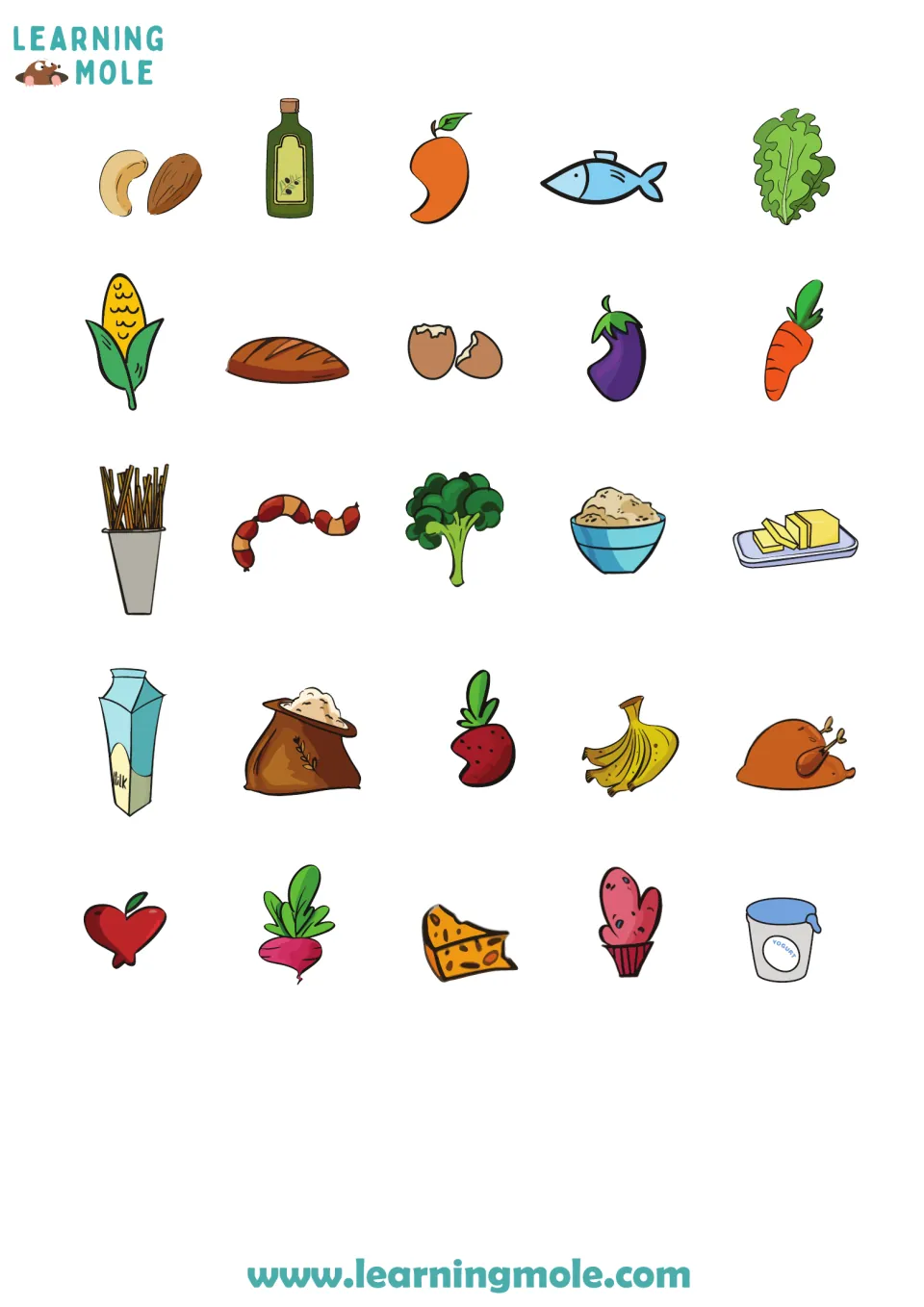 Food picture cut-outs: 25 items such as nuts, olive oil, fish, corn, bread, eggs, milk, cheese and yogurt to sort by group