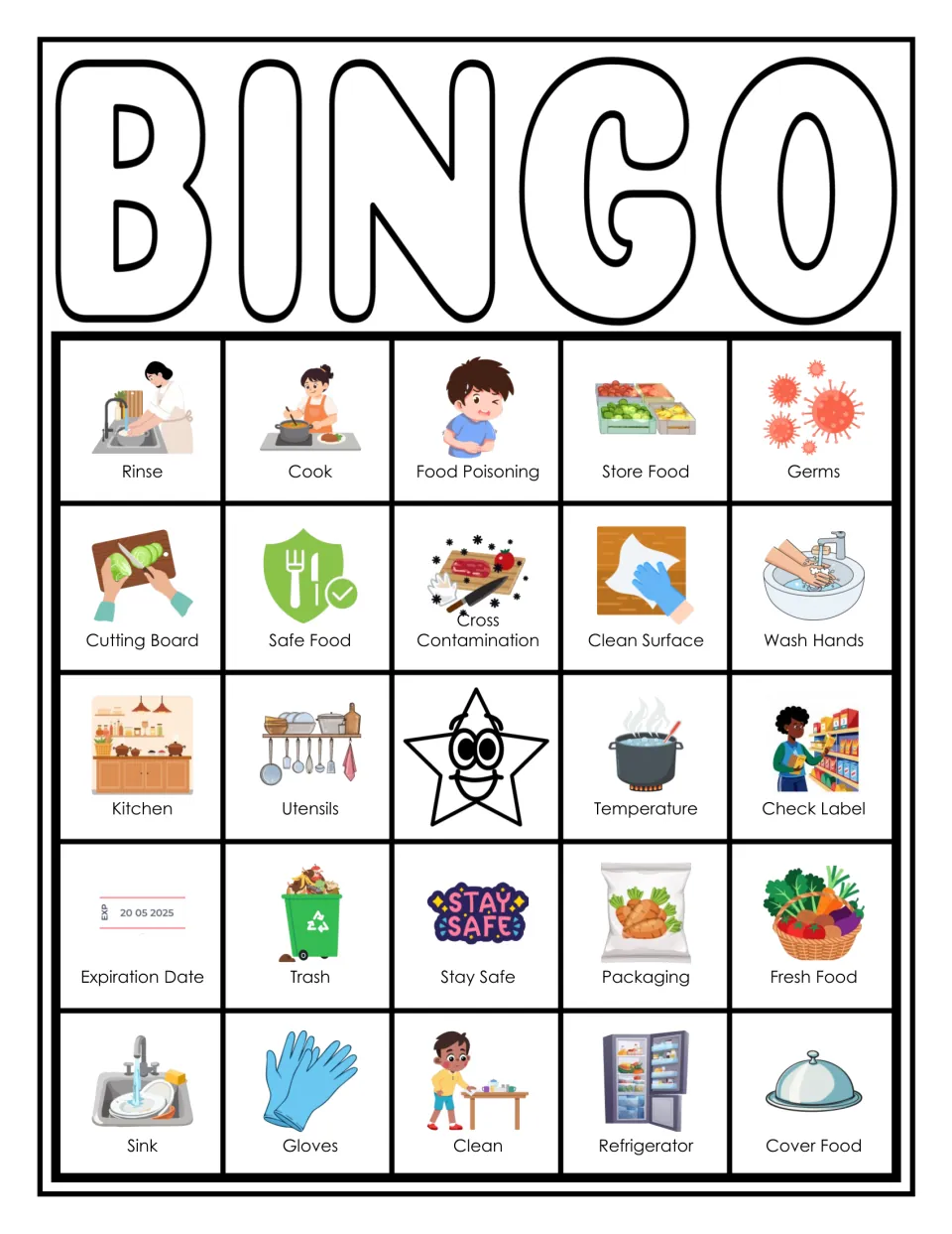 Food safety bingo card 1: students mark pictured terms like Rinse, Cook, Food Poisoning, Germs and Wash Hands