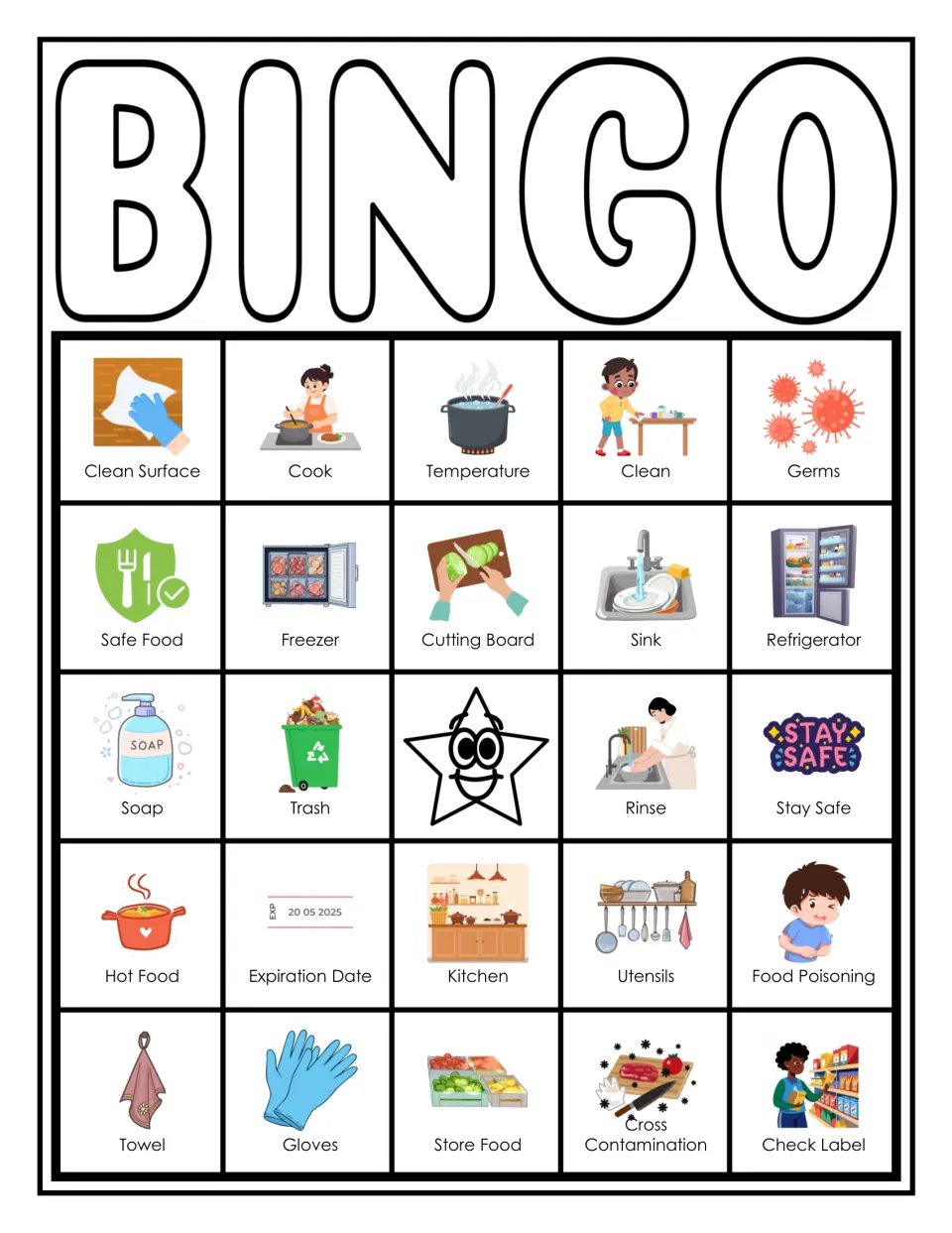 Food safety bingo card 2: players cover illustrated words such as Clean Surface, Temperature, Freezer, Soap and Towel