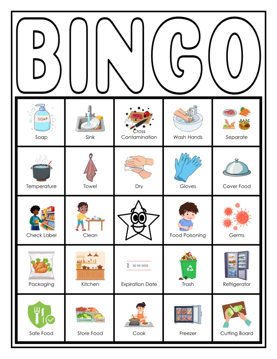Kitchen sanitation bingo card 3: students find picture squares like Soap, Sink, Cross Contamination, Separate and Dry