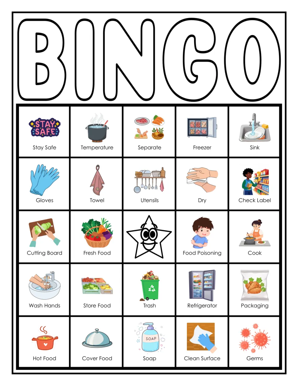 Food safety bingo card 4: players listen for terms like Stay Safe, Separate, Freezer, Hot Food and Clean Surface