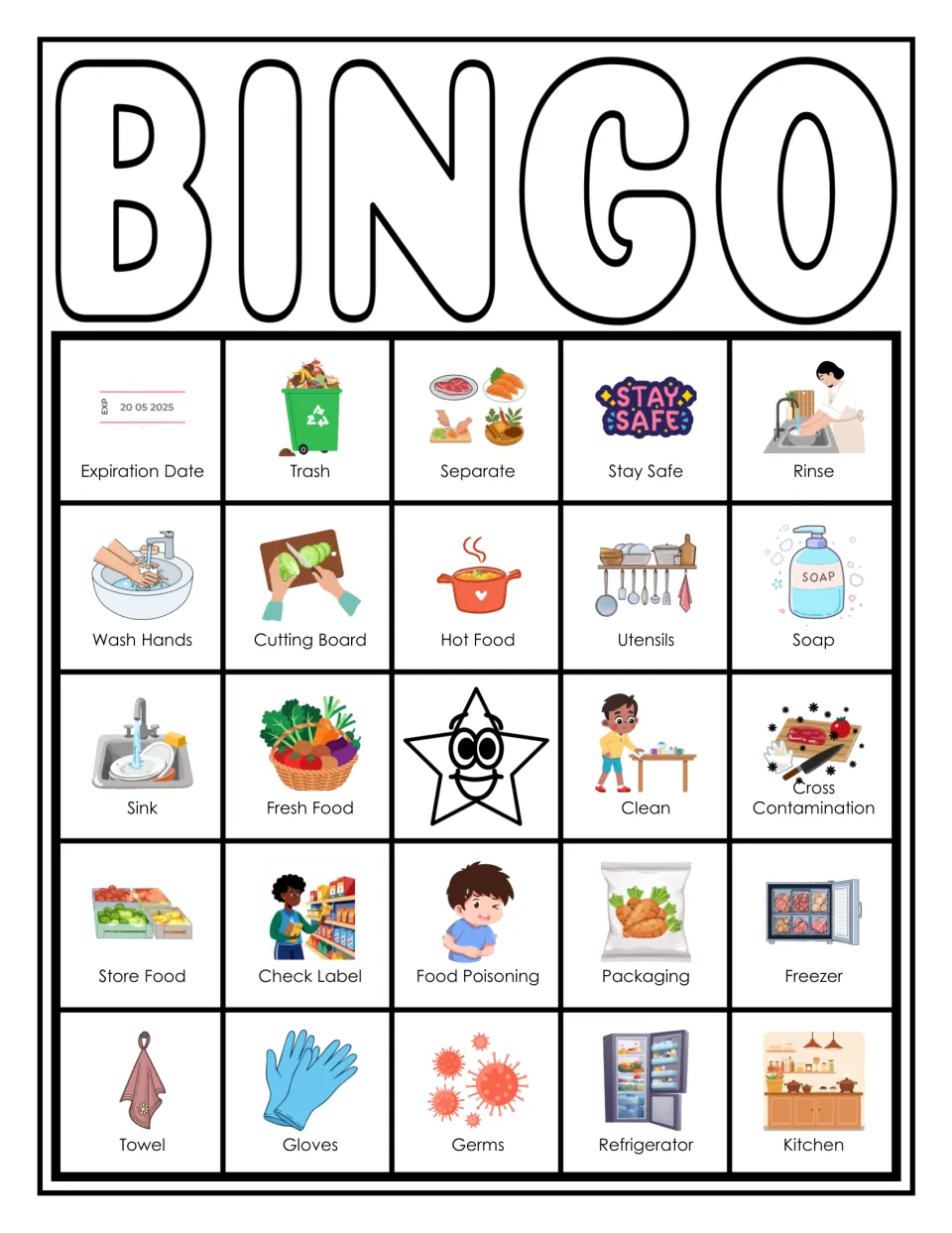 Food handling bingo card 5: students mark illustrated words such as Expiration Date, Trash, Rinse and Refrigerator
