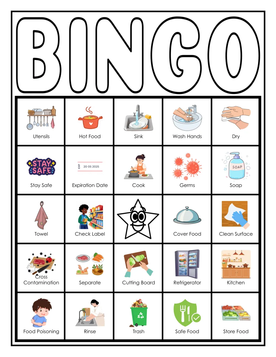 Food safety bingo card 6: picture squares include Utensils, Hot Food, Sink, Wash Hands, Dry and Food Poisoning