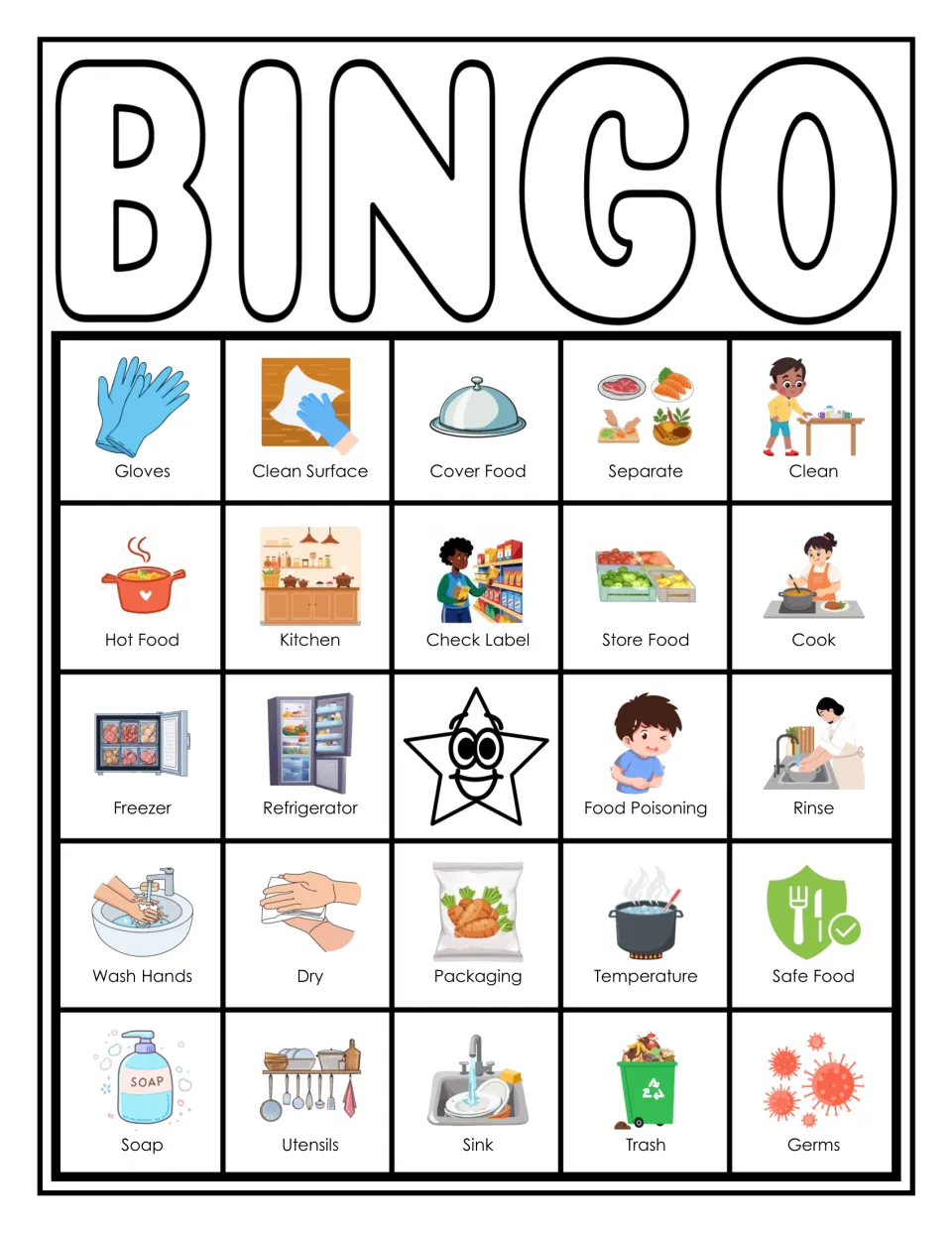 Kitchen hygiene bingo card 7: students cover pictured terms like Gloves, Cover Food, Freezer, Packaging and Germs