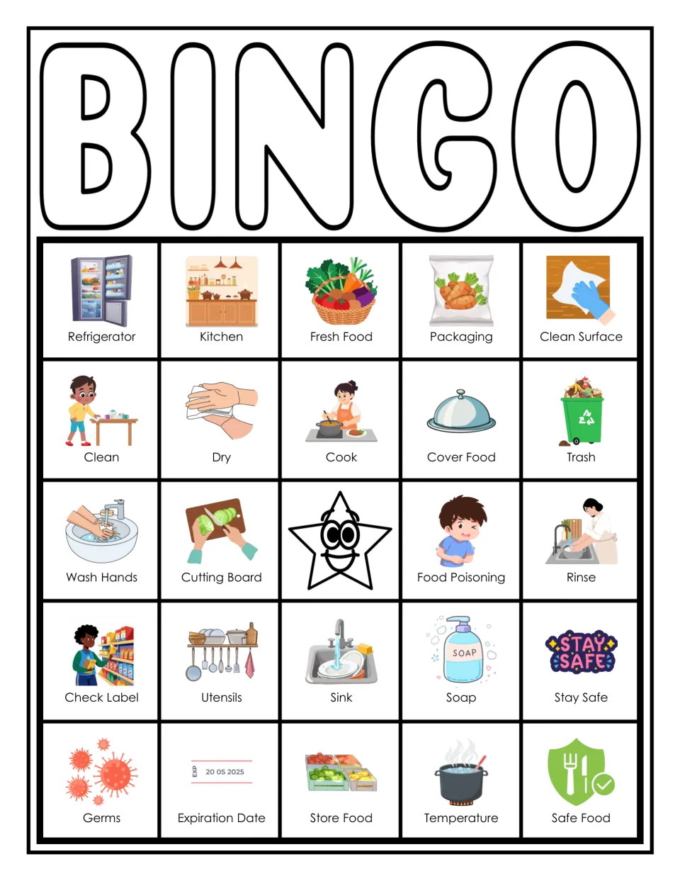 Food safety bingo card 8: players match called words to images such as Refrigerator, Fresh Food and Safe Food