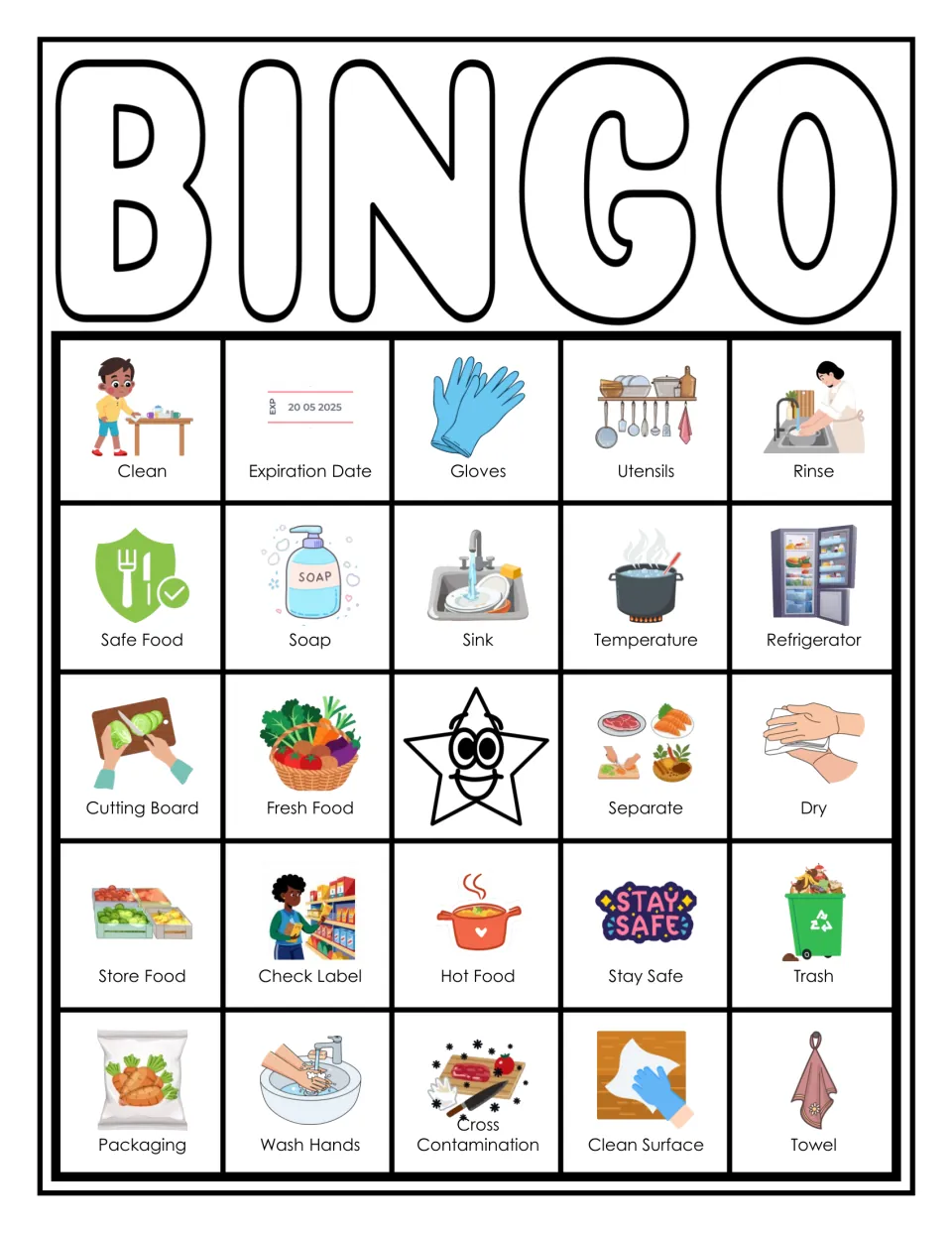 Safe food handling bingo card 9: squares show Clean, Expiration Date, Gloves, Utensils, Hot Food and Towel