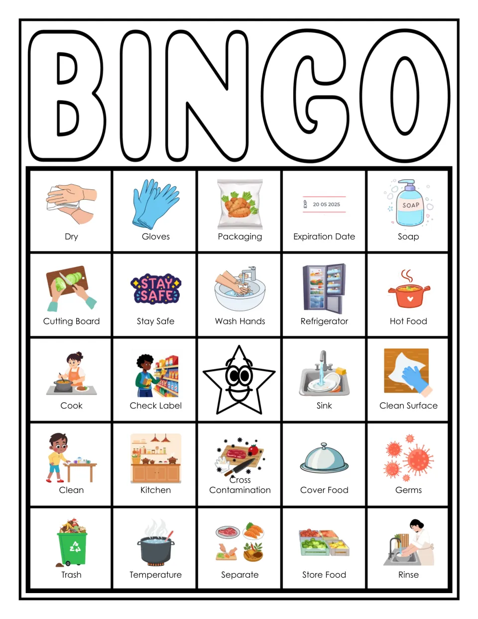 Food safety bingo card 10: students mark pictured terms like Dry, Gloves, Packaging, Soap and Temperature