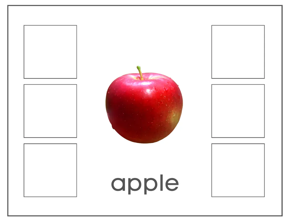 Apple sorting card with a red apple photo and the label 'apple' for matching non-identical apple images