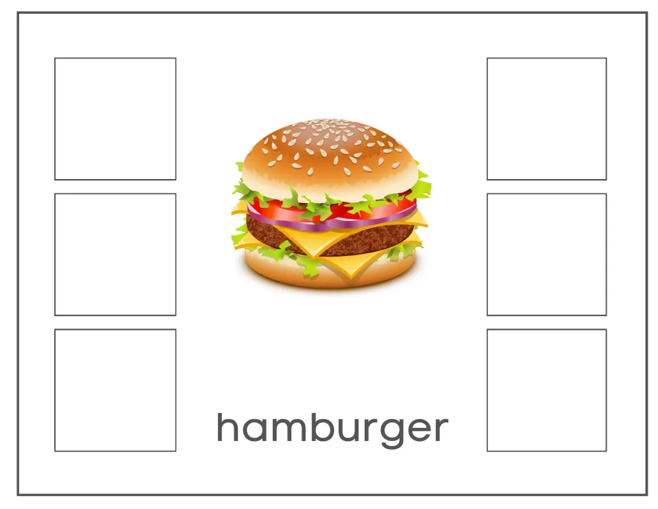 Hamburger sorting card labeled 'hamburger' for matching non-identical images to the pictured hamburger