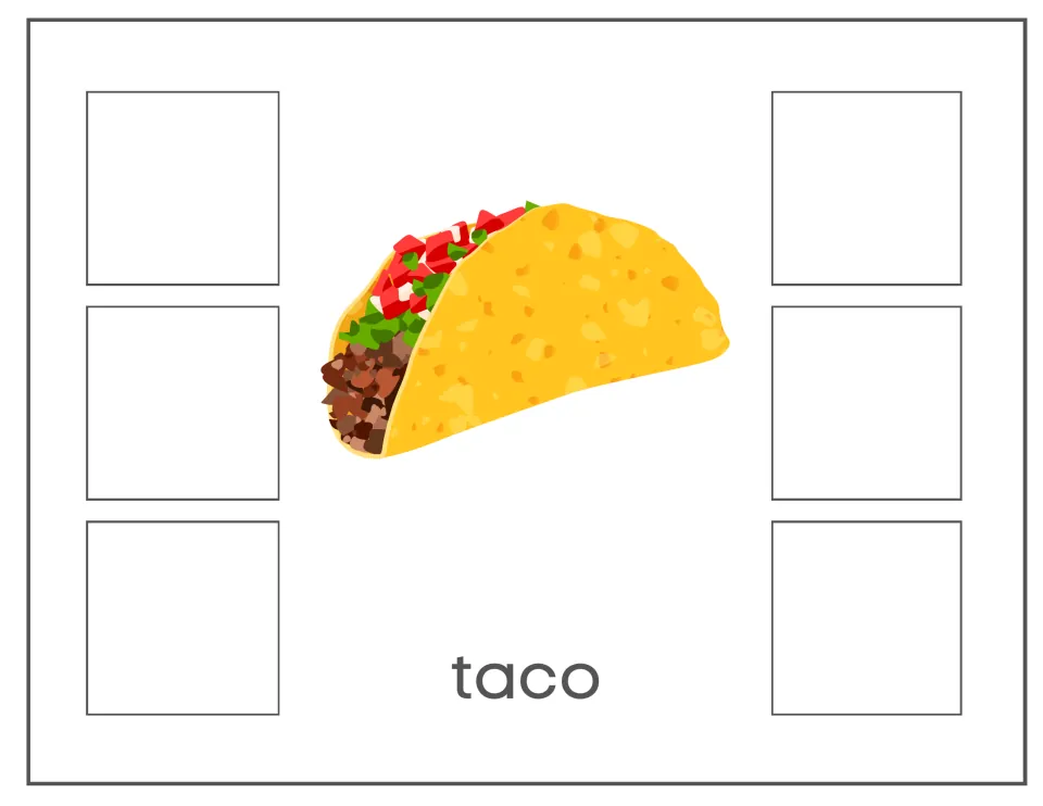 Taco sorting card with a filled taco illustration and the label 'taco' for matching non-identical taco images