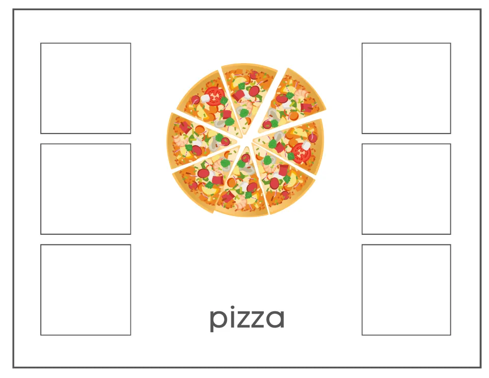 Pizza sorting card with a sliced pizza and the label 'pizza' for matching non-identical pizza images
