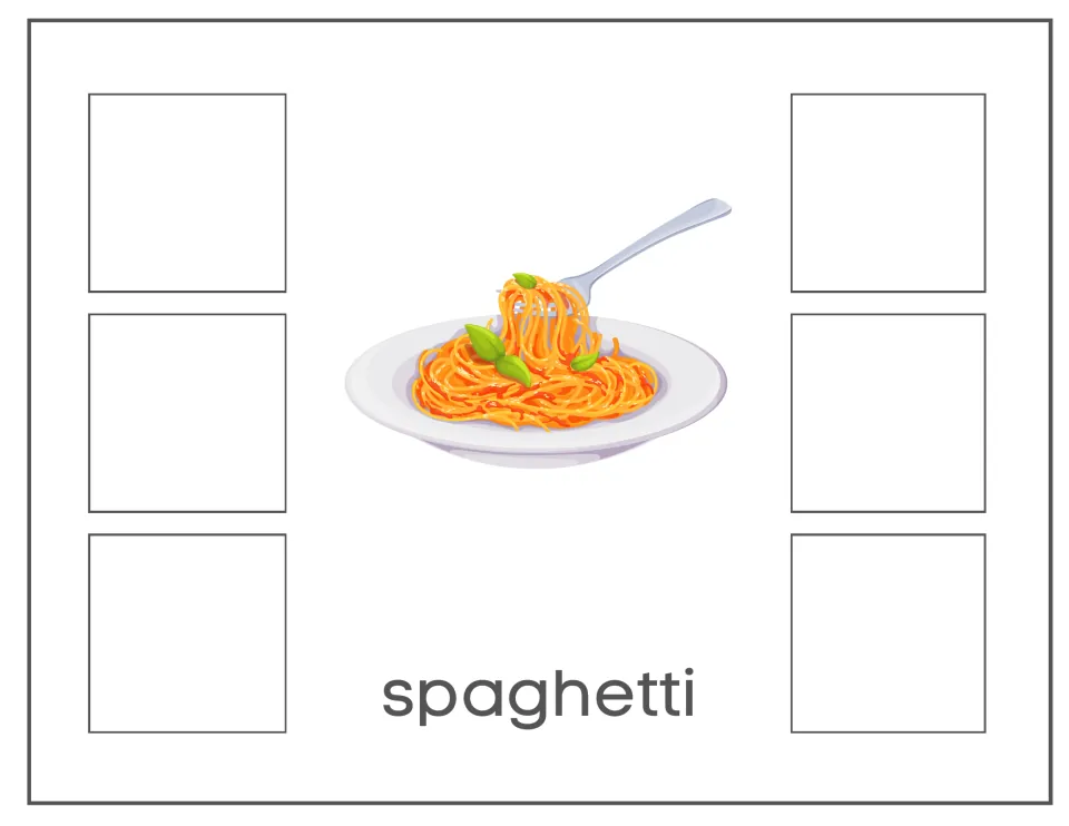 Spaghetti sorting card labeled 'spaghetti' for matching non-identical images to the pictured pasta dish