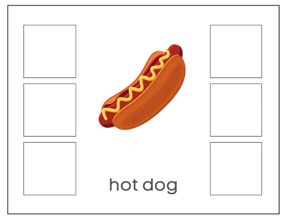 Hot dog sorting card with a hot dog in a bun and the label 'hot dog' for matching non-identical images