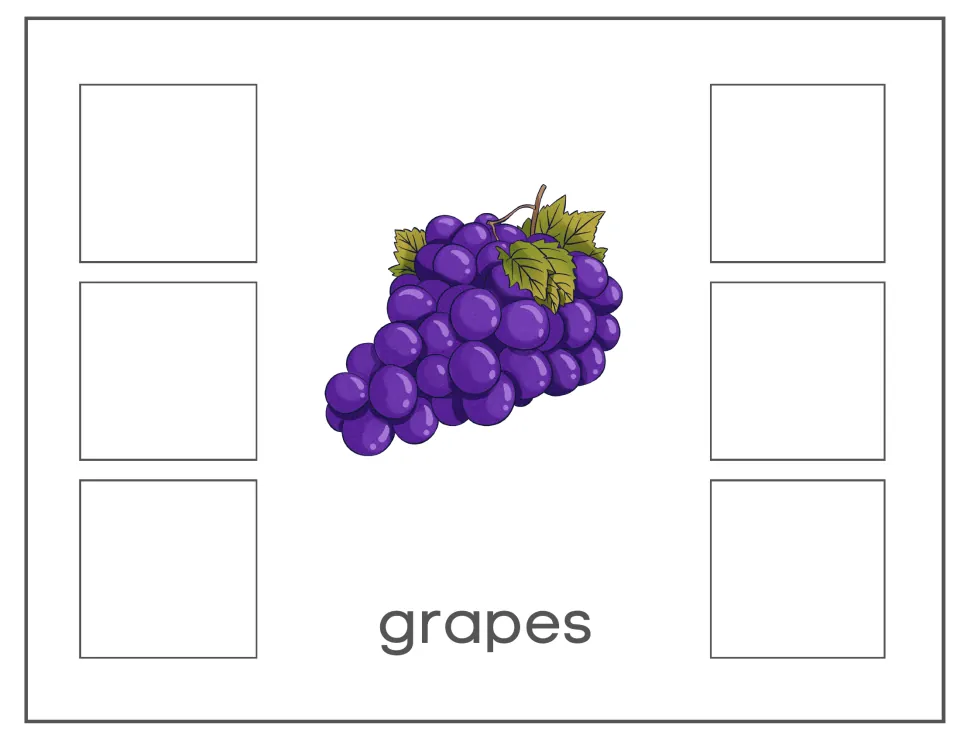 Grapes sorting card with a purple bunch and the label 'grapes' for matching non-identical grape images