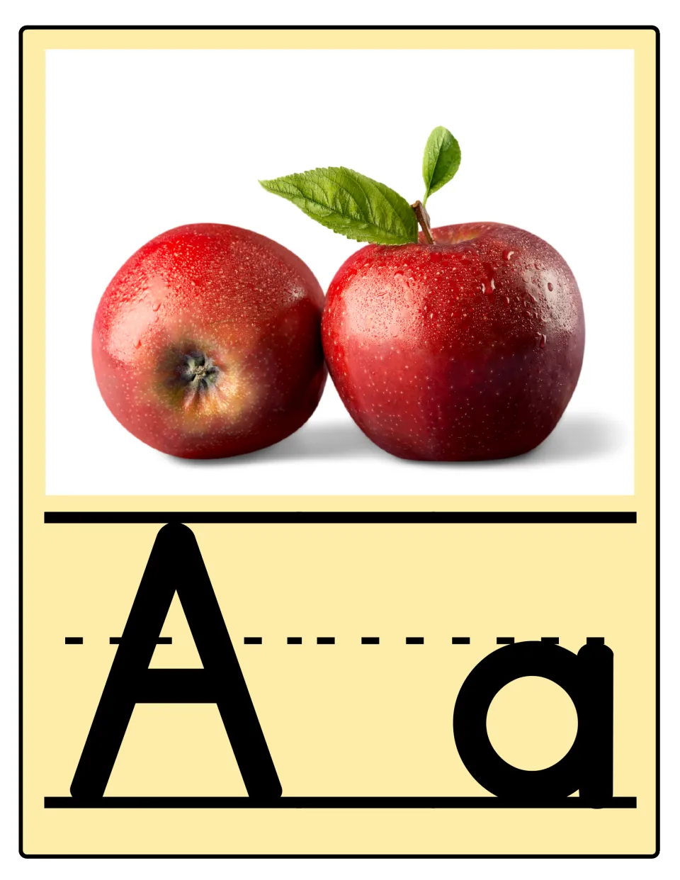 Alphabet poster for A: uppercase A and lowercase a paired with two red apples for the food alphabet set