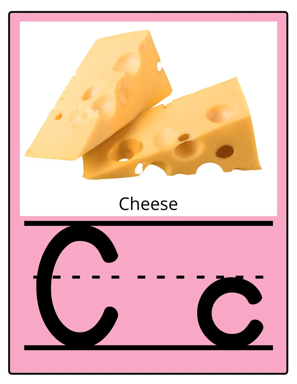 Alphabet poster for C: uppercase C and lowercase c paired with cheese wedges and the food label 'Cheese'