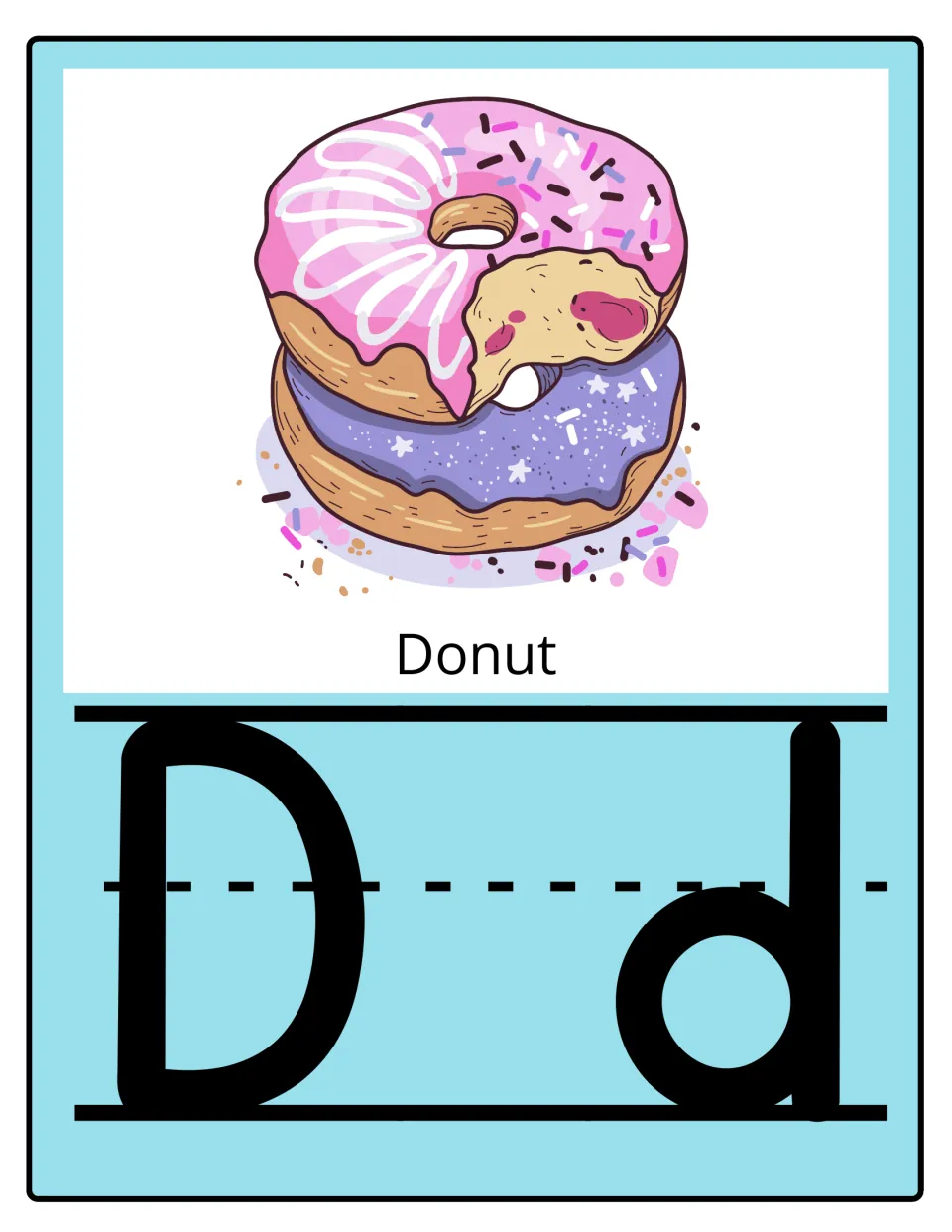Alphabet poster for D: uppercase D and lowercase d paired with two illustrated donuts and the label 'Donut'