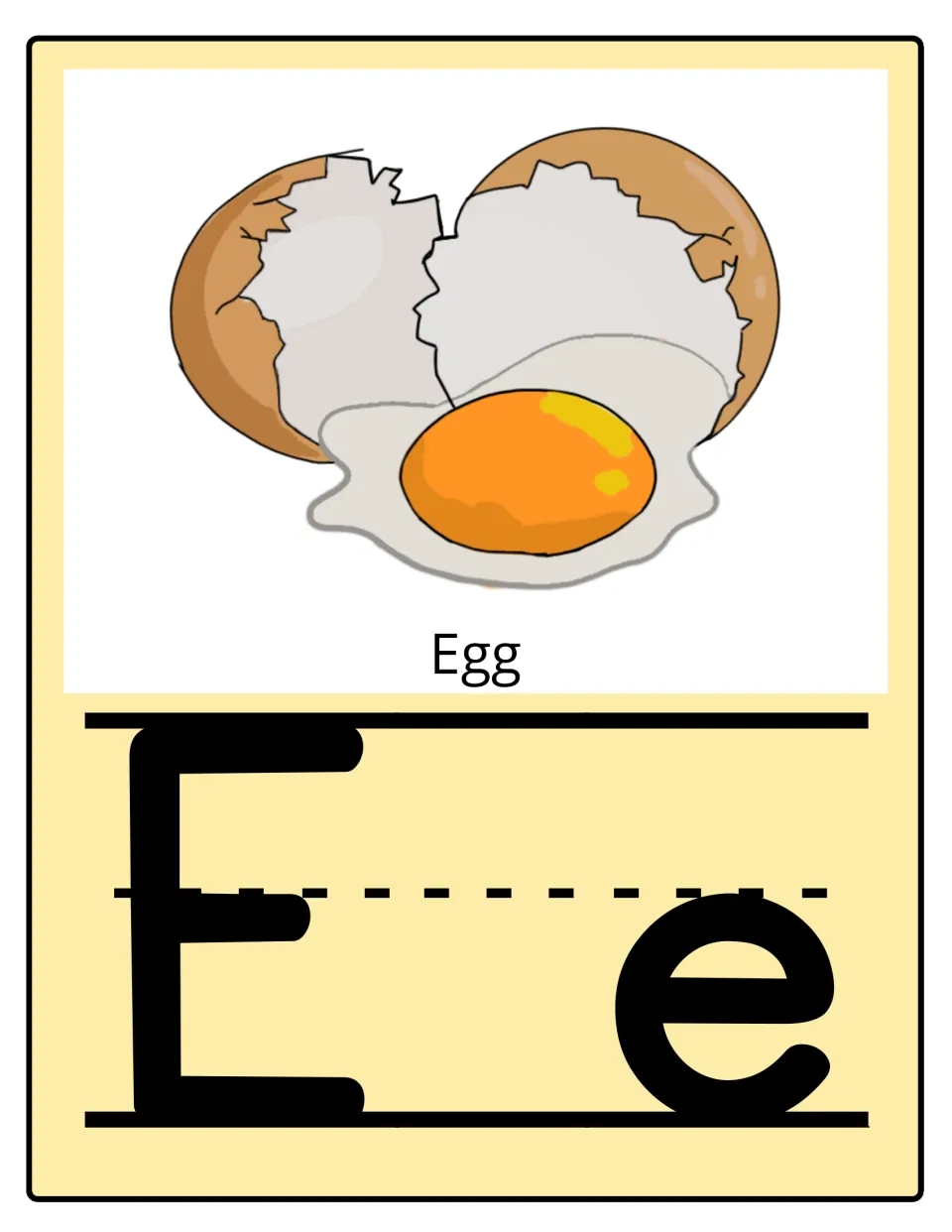 Alphabet poster for E: uppercase E and lowercase e paired with a cracked egg illustration and the label 'Egg'