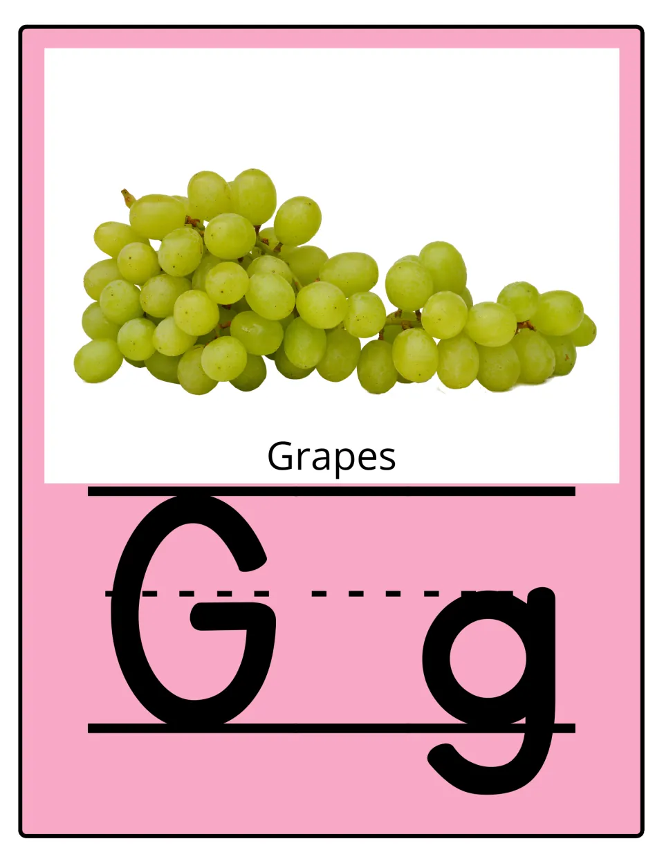 Alphabet poster for G: uppercase G and lowercase g paired with green grapes and the food label 'Grapes'