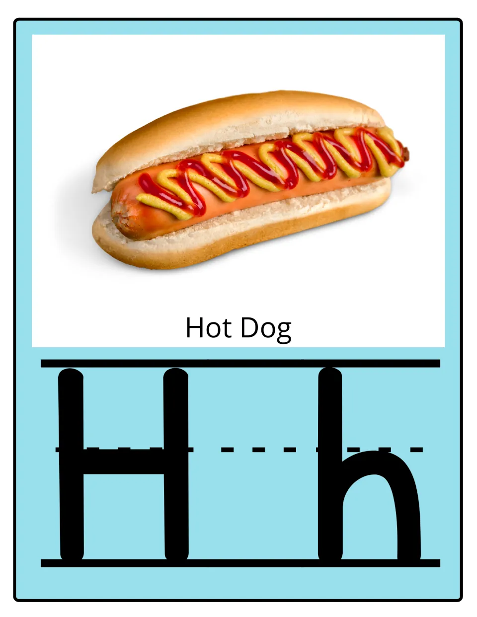 Alphabet poster for H: uppercase H and lowercase h paired with a hot dog and the food label 'Hot Dog'