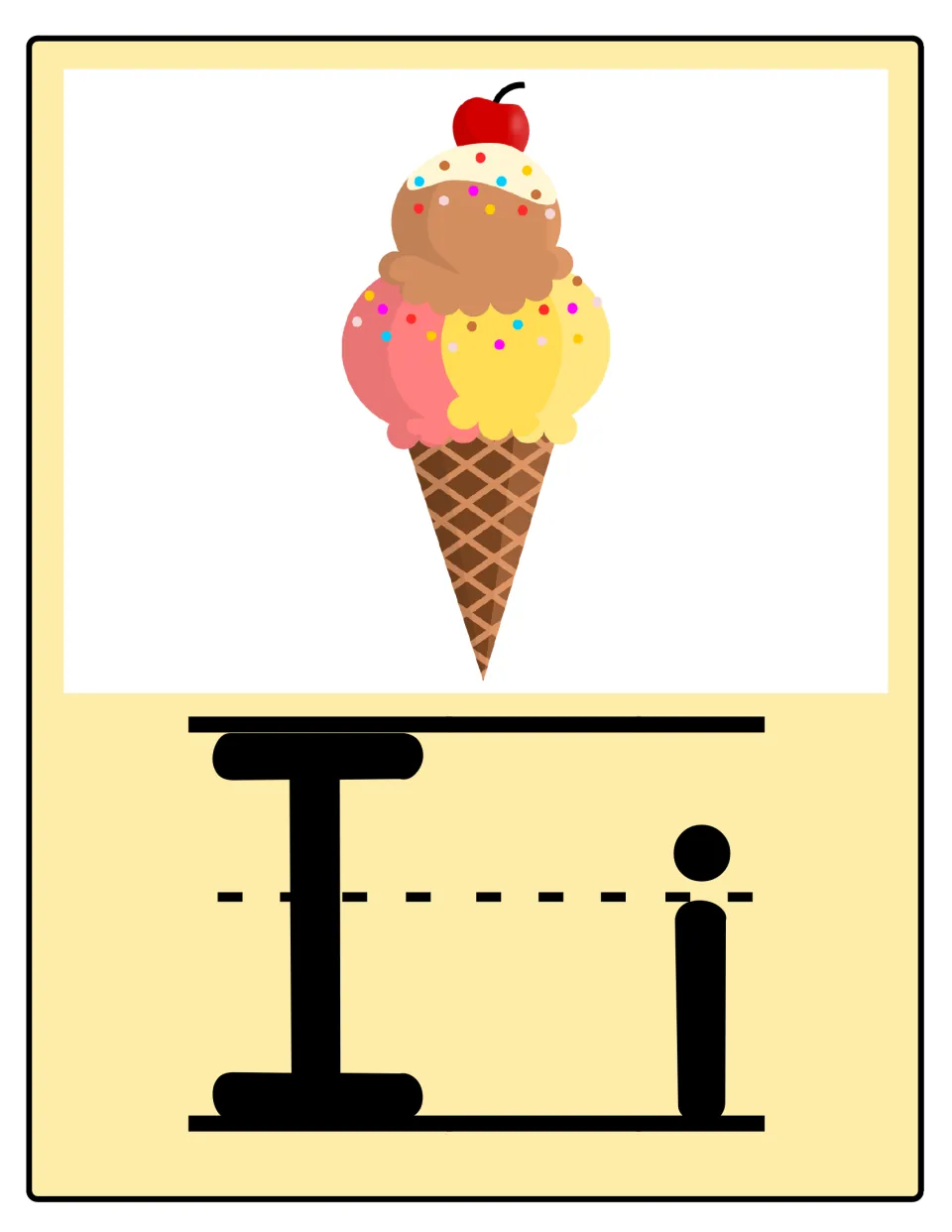 Alphabet poster for I: uppercase I and lowercase i paired with an illustrated ice cream cone with scoops