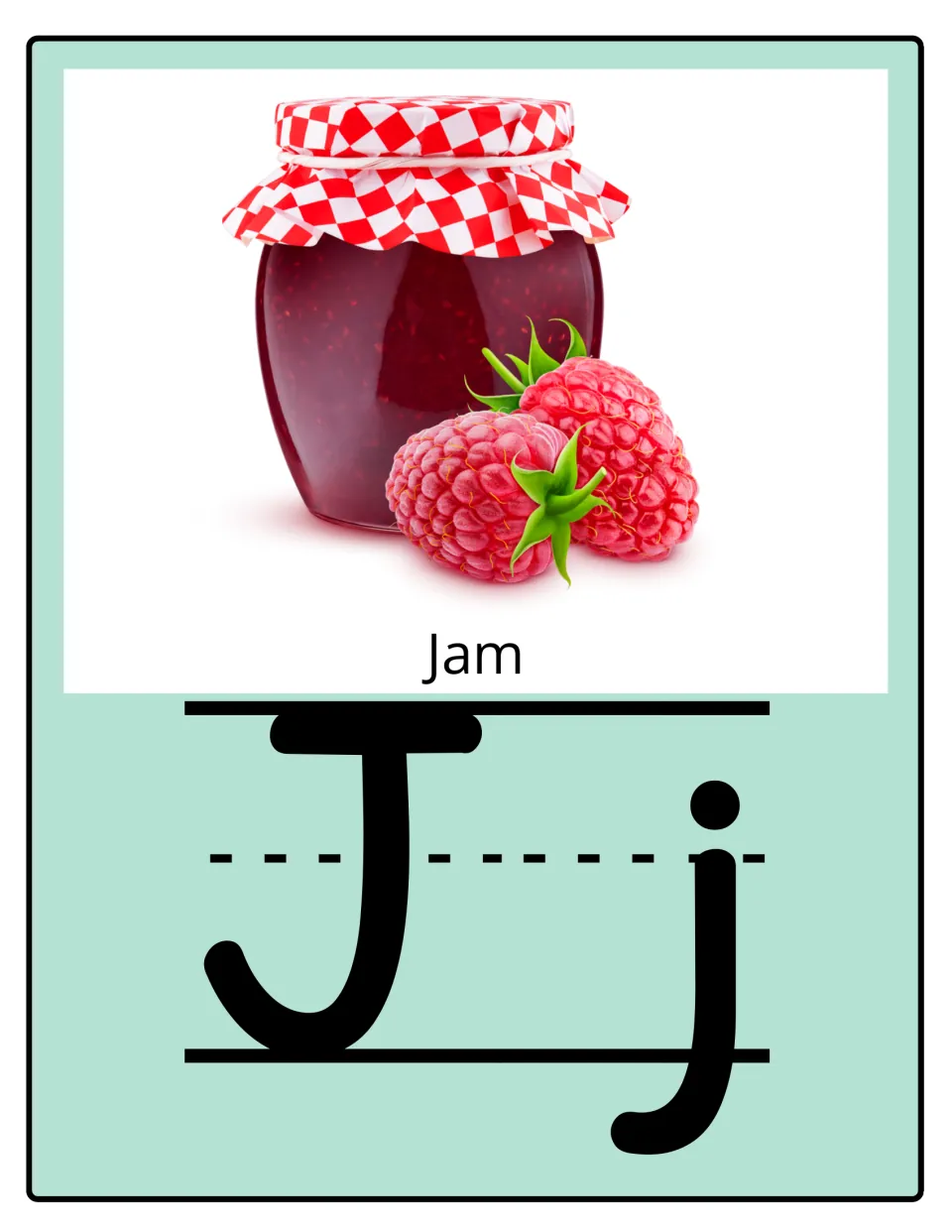 Alphabet poster for J: uppercase J and lowercase j paired with a jam jar, raspberries, and the label 'Jam'