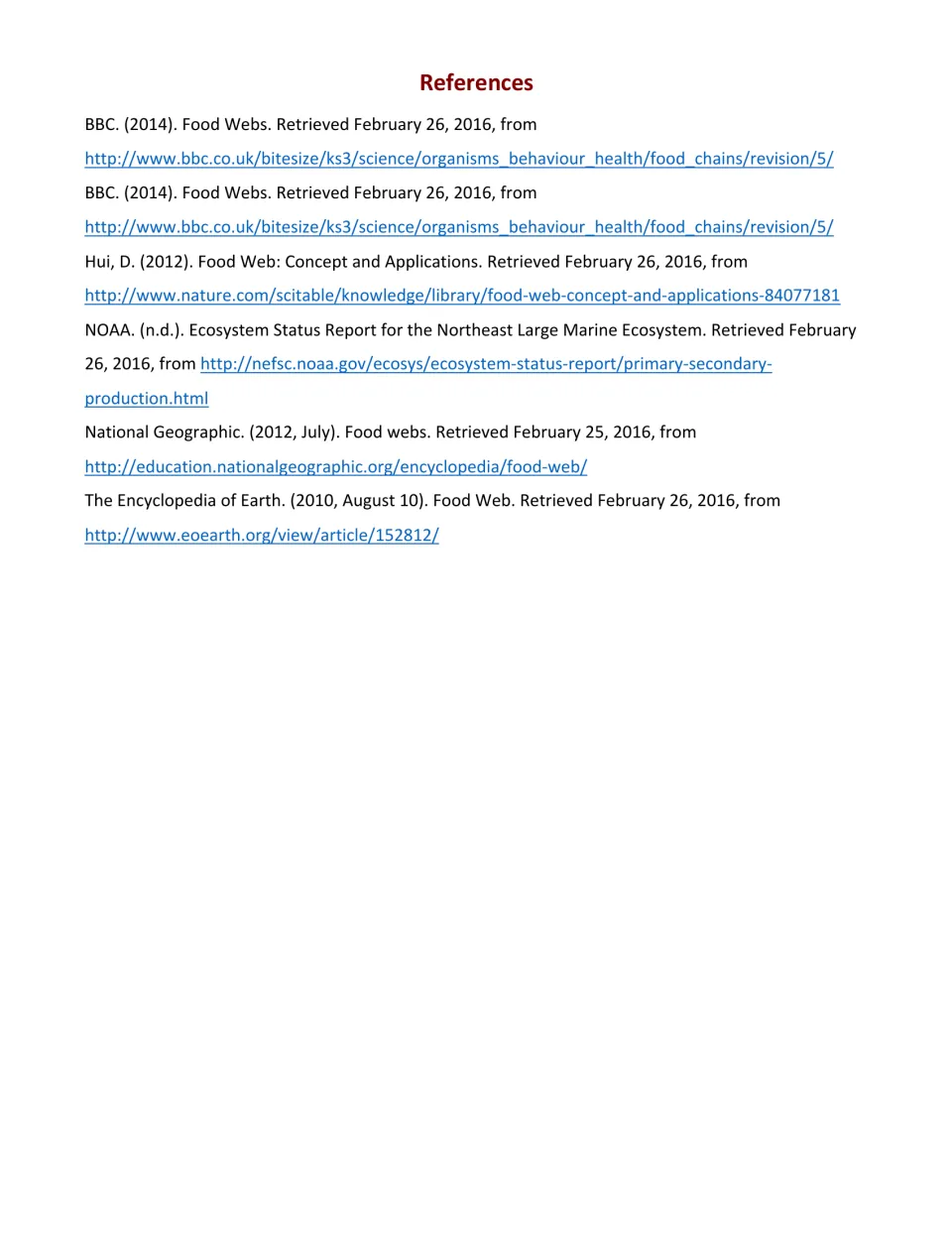 References list citing the BBC, Nature, NOAA, National Geographic and Encyclopedia of Earth sources on food webs