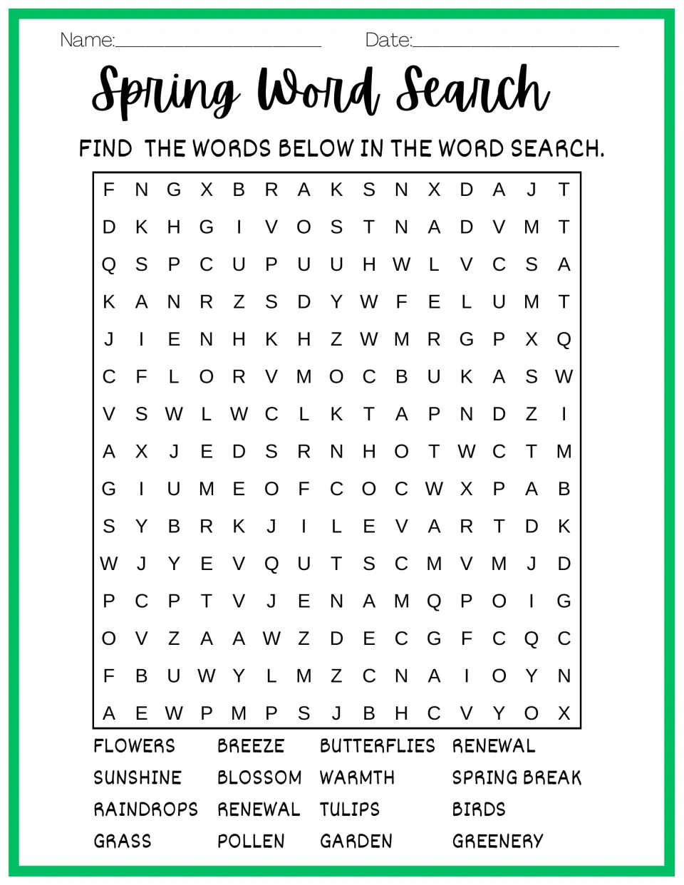 Spring Word Search: students hunt a letter grid for words like flowers, tulips, pollen, sunshine and spring break
